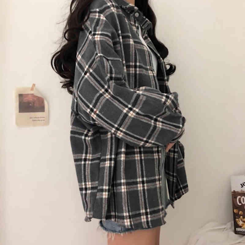 Flectit Flannel Oversized Shirt Long Sleeve Collared Boyfriend Plaid Blouse Fall Winter Women's Blouses & Shirts * 210402