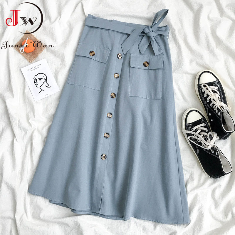 Women Elegant High Waist Midi Skirt Spring And Summer Casual Single-Breasted Solid Black White Bowknot Belt Office A-Line 210510