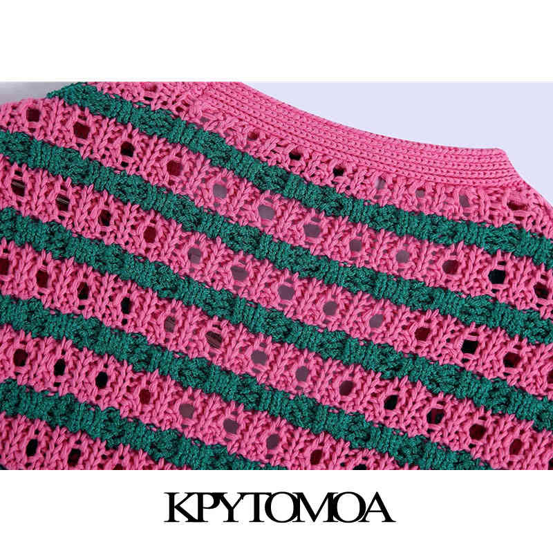 Women Fashion Striped Cropped Knitted Cardigan Sweater V Neck Short Sleeve Female Outerwear Chic Tops 210420