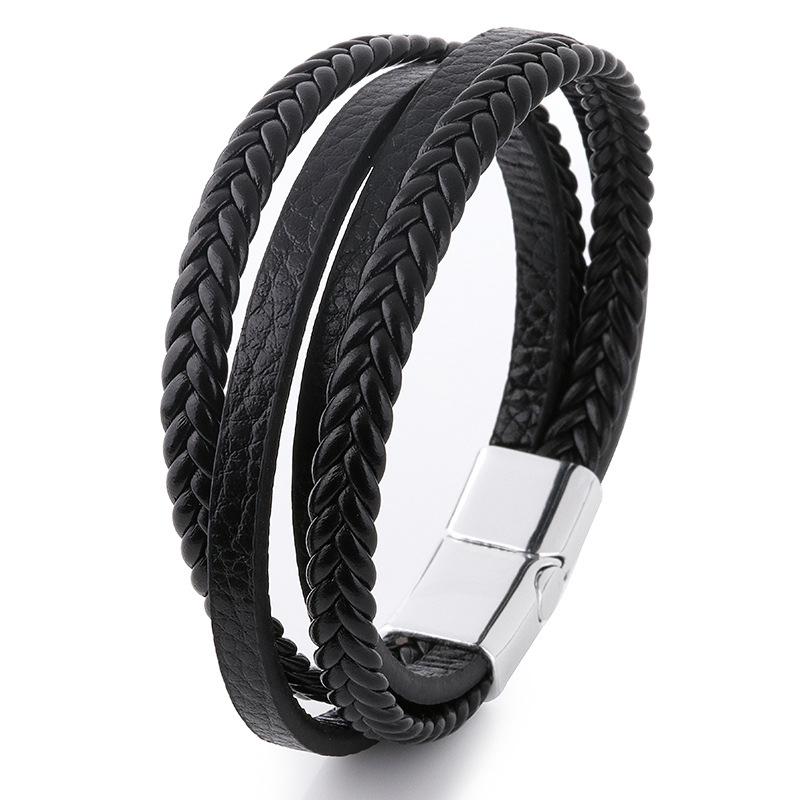 Vintage Men's Style Woven Black Brown Leather Cuff Magnetic Snap Bracelet for Gift