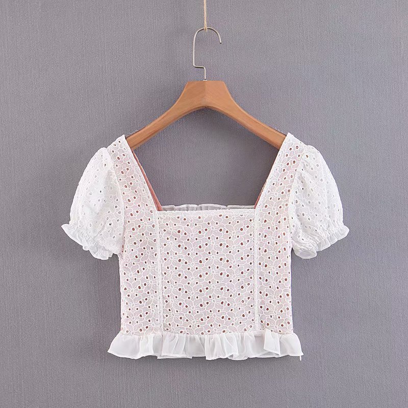 Sweet Girls Puff Sleeve Smock Fashion Female Ruffles Embroidery Hollow Out Square Collar Short Tops Casual Ladies Blusas 210520