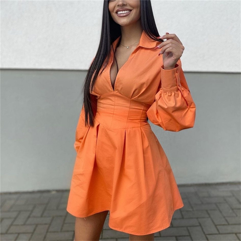 Casual Woman Orange Backless Lacing Shirt Dresses Spring Fashihon Laides V Neck A-Line Short Ladies Mini 210515
