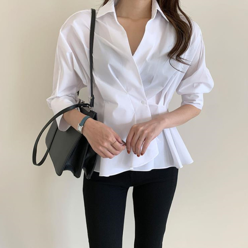 Office Lady Minimalist Loose Solid Basic Shirt Women Autumn Work Wear Lapel Long Sleeve Blouses Blusas Femme 210421