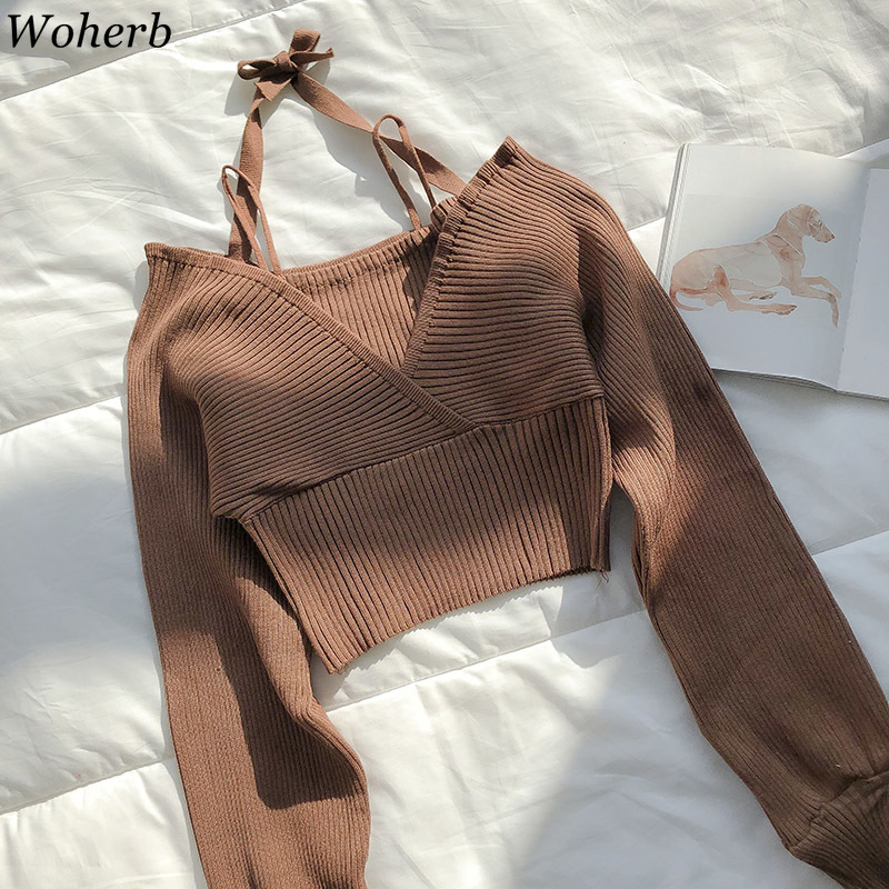 Woman Sweaters Chic Korean Crop Tops Sexy Lady Knitted Cropped Pullovers V-neck Lace Up Jumper Slim Fit Sueter Coat 4G625 210519