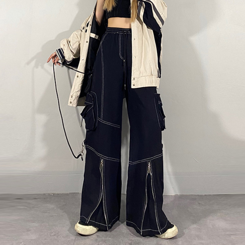 Autumn Women's Jeans Zipper High Waist Loose Casual Cowboy Cargo Pants Fashion Wide Leg Denim Trousers ZC247 210427