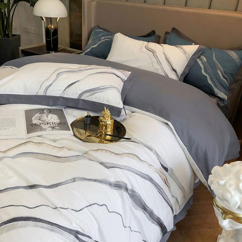 Papa&Mima Brief Marble Print Bedding Set Satin Egyptian Cotton Duvet Cover Queen King Size Linens Sheet Pillowcases Sets