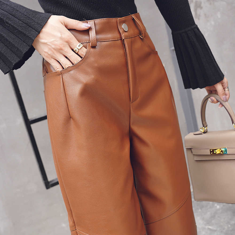 British Style Women's PU Leather Pants Mid-Waist Cropped Casual Straight Wide Leg Trouser Motorcycle Plus 210601