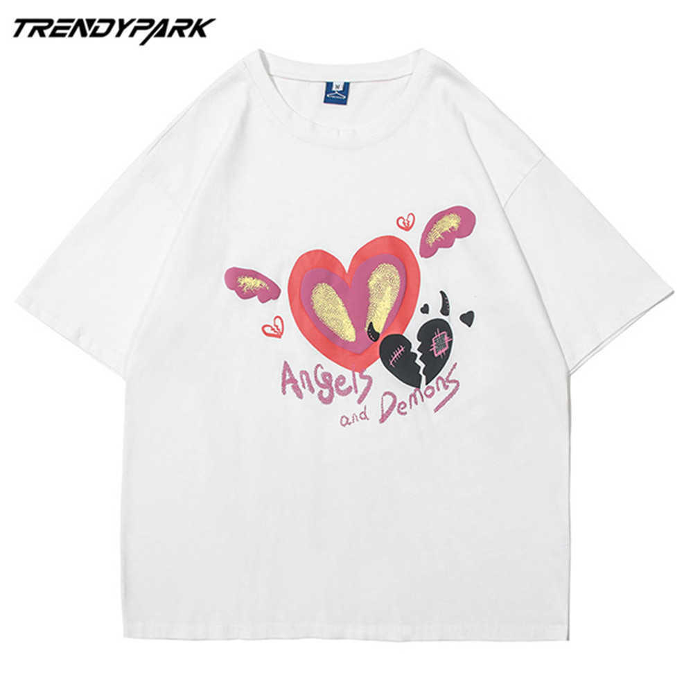 Men's Tshirt Summer Short Sleeve Cute Flying Heart Printed Hip Hop Oversized Cotton Casual Harajuku Streetwear Top Tshirts 210601