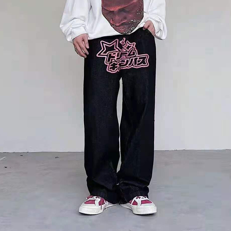 men's jeans japanese retro-embroidered black stars denim harajuku men's pants in a straight line casual couple of brim loose jean, Blue
men's jeans japanese retro-embroidered black stars denim harajuku men's pants in a straight line casual couple of brim loose jean, Blue