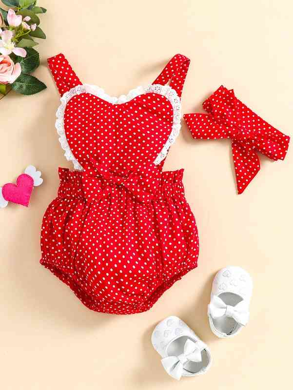 Baby Polka Dot Criss Cross Eyelet Embroidery Paperbag Waist Bodysuit With Headband Without Top SHE