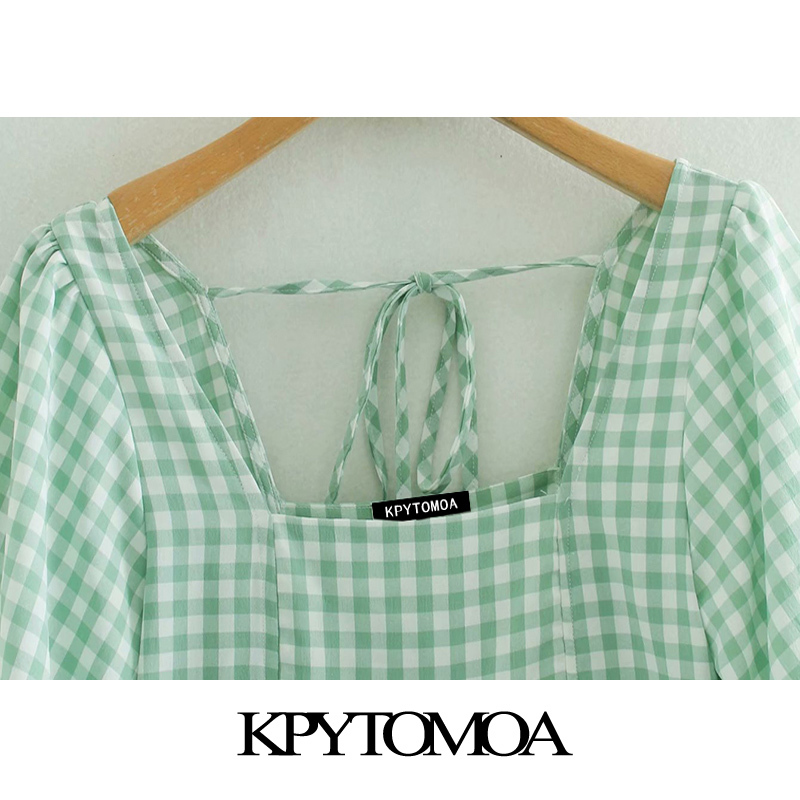 Women Sweet Fashion Back Tied Plaid Mini Dress Square Collar Short Sleeve Female Dresses Vestidos Mujer 210420