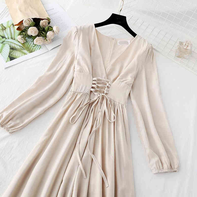 Solid Vintage V-neck Bandage Dress Spring Elegant Slim Party Women Dress High Waist Long Sleeve A-line Dress Midi Vestidos 210521