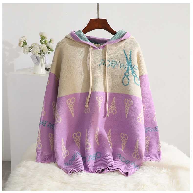 H.SA Women Hooded Sweater and Jumpers Loose Style Oversized Chic Jumpers Pull Femme Hiver Patchwork Winter Clothes Female 210716