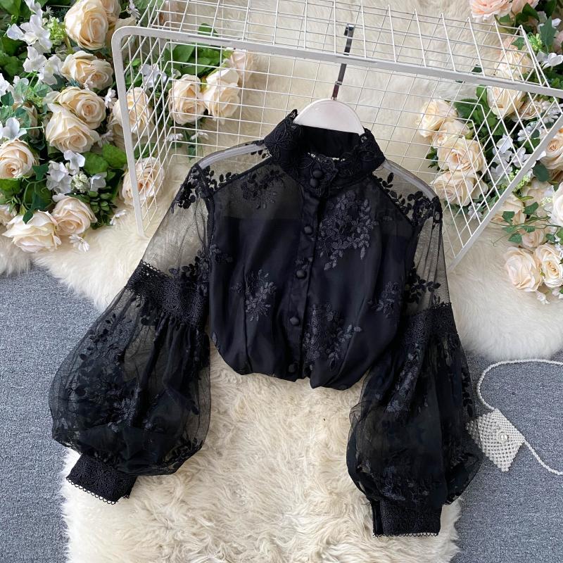 Lady Retro Mesh Lace Tops Womens Stand Collar 3D Embroidered Long Lantern Sleeve Court Slim Shirt Elegant Blouse P298 210401