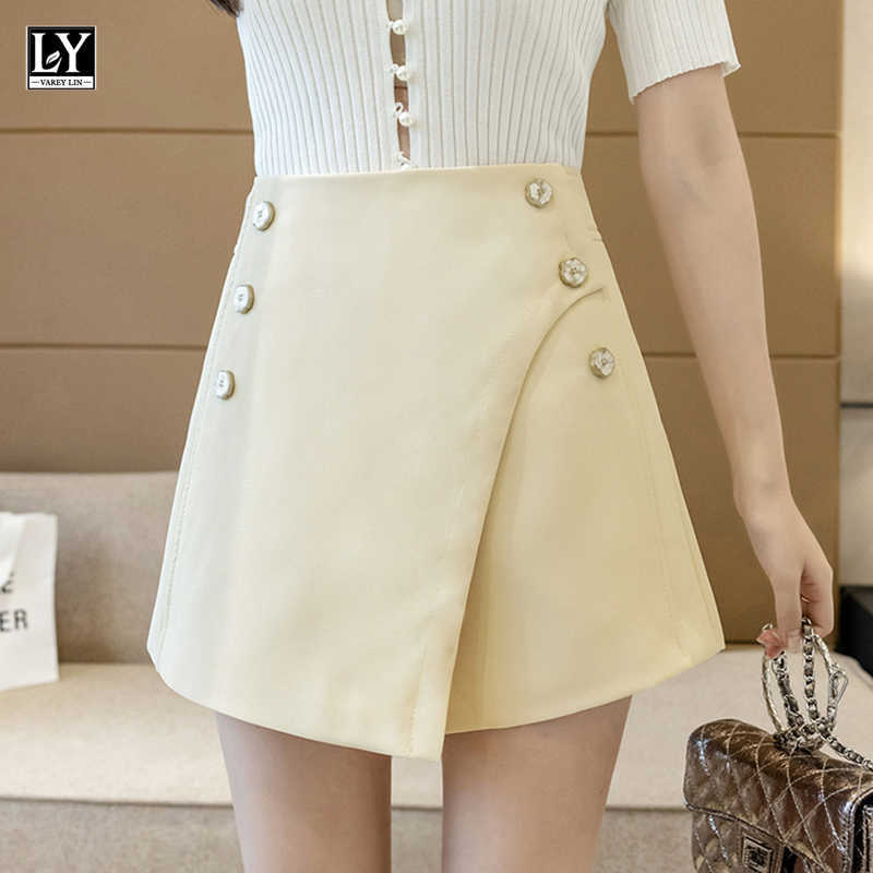 LY VAREY LIN Summer Women Loose Streetwear Asymmetrical Solid Lady Shorts Wide Leg High Waist Button Casual Black 210526