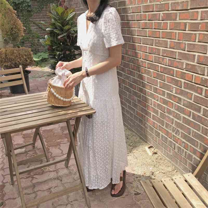 Lace Hollow Out White Embroidered Flower Dress Women's Fashion French Elegant High Waist V-Neck Vestidos 210520