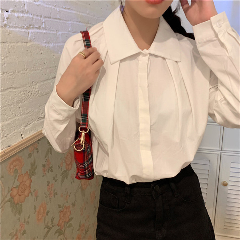 Arrival Spring Autumn OL Elegant Solid Lapel Basic Shirt Women White Blouses Tops Loose Formal Woman Clothes 210421