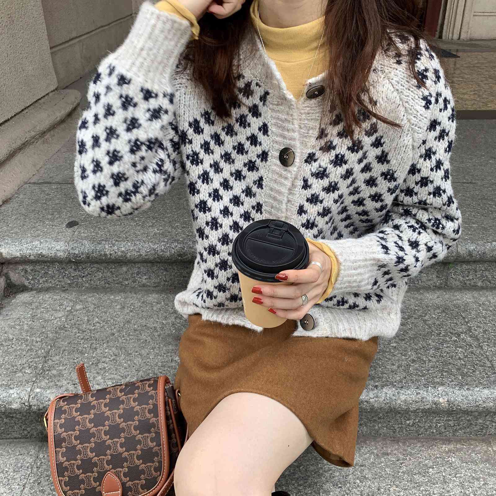 OL Outwear Tops Loose Sweater Women Autumn Winter Elegant Long Sleeve Print Knitted Cardigan Female Sweaters 210421