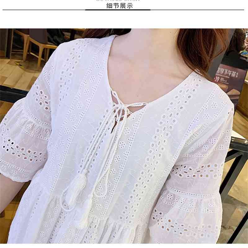 Fashion Summer Loose Vintage Dress Women V-Neck Lace Hollow Out Embroidery Elegant Mini Vestidos 210520