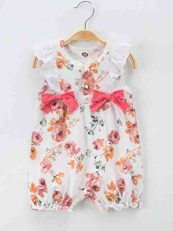 Baby Girl Double Bow Ruffle Plants Print Romper SHE