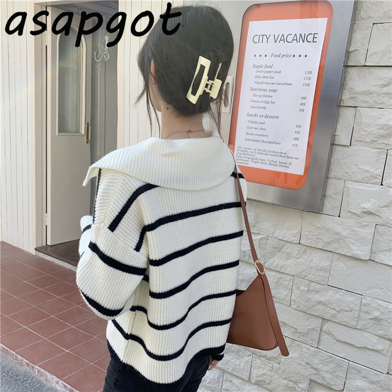 Sweater Autumn Preppy Style Black White Striped Knitted Cardigan Jacket Turn Down Collar Contrast Color Casual Student Men 210429