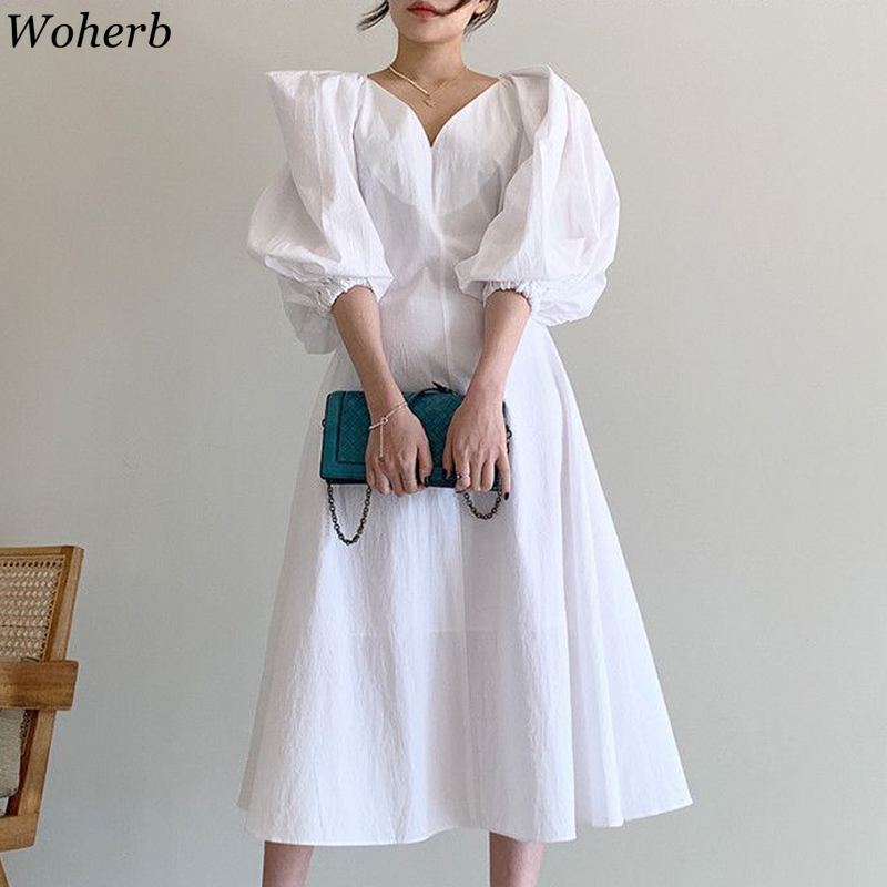 Solid Midi Elegant Office Lady Dress Women Casual Puff Sleeve Streetwear All Match Dresses Korean Chic Fashion Vestidos 210519