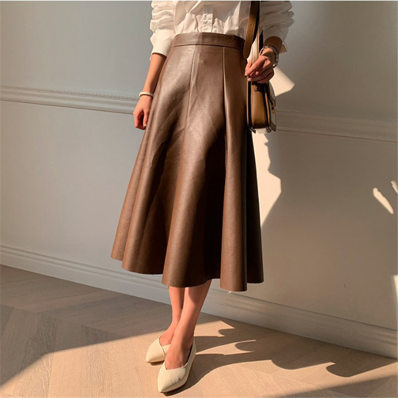 All Match Minimalist High Quality Chic Fashion PU Leather Winter Retro Slender Waist A-Line Long Flare-Skirts 210421
