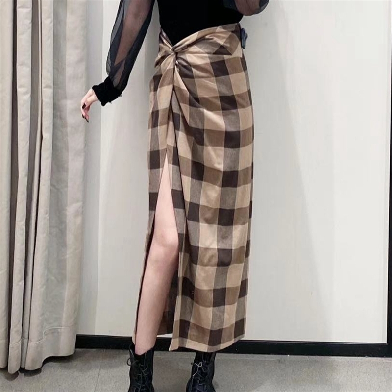 Elegant Women Brown Plaid Skirts Fashion Ladies Side Slit Streetwear Female Chic Draped High Waist Long 210430