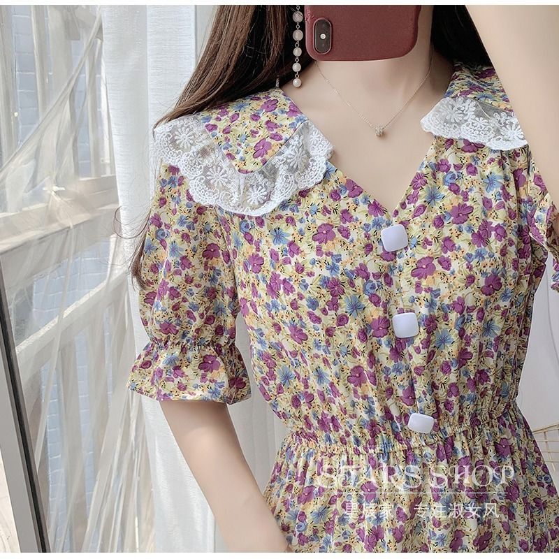Women Chiffon Dress Summer Korean Short Sleeve Floral Midi V-Neck Bohemia Beach Casual Lace Vestidos Feminina 210510