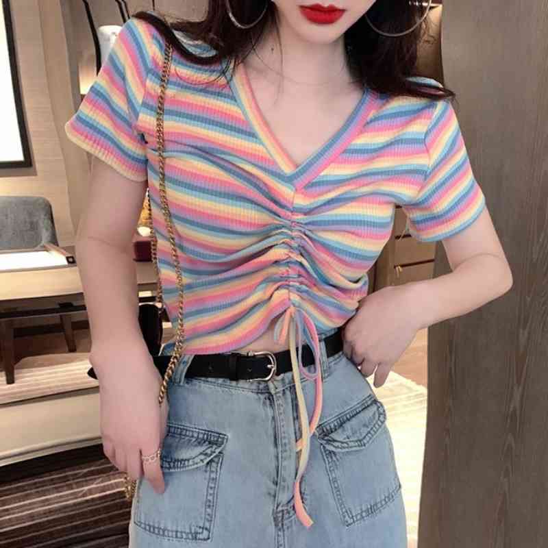 Fashion Sexy V Neck Short Sleeve Drawstring Bandage Rainbow Striped Tshirts Women Summer Knitted Crop Tops Sweet Tees Wild 210429