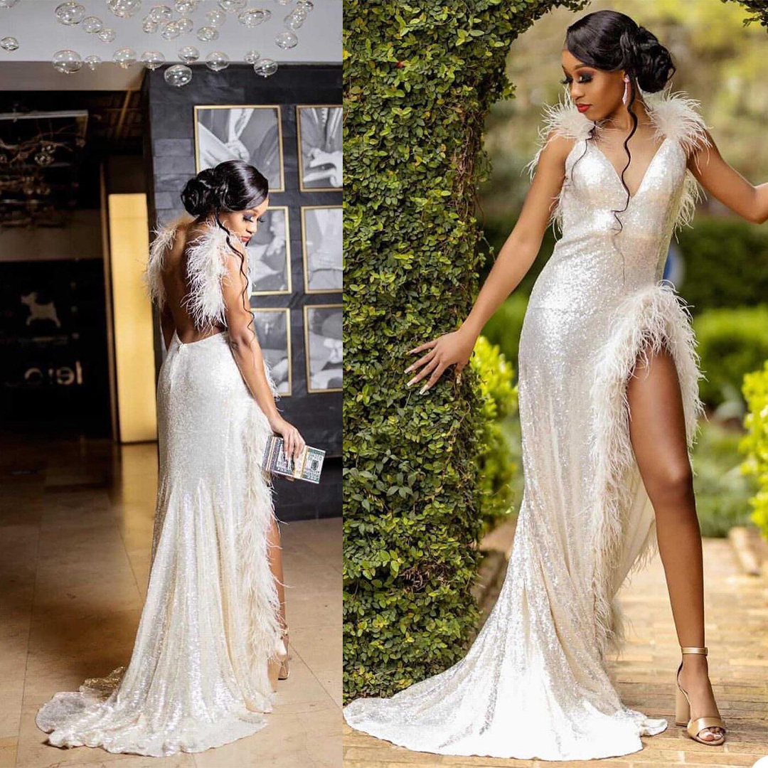 Sequined Feather Prom Dresses Sexy V Neck High Split Glitter Evening Gowns Backless Party Club Wear robe de soiree
