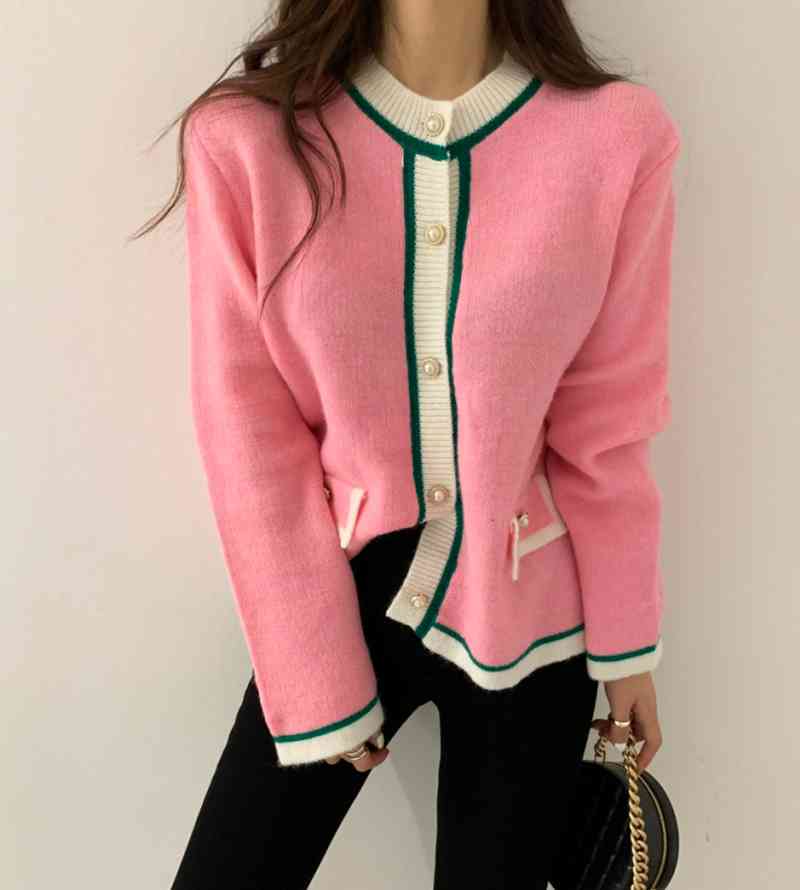 MATAKAWA Fashion Loose Temperament Contrast Women's Sweater Autumn Winter Korean Round Neck Knitted Cardigan Coat 210513