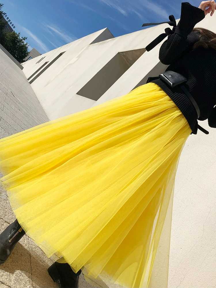 95 CM Long 2 Layers Mesh With Lining Expansion Skirt Yellow Tulle Elastic Waist Summer Beach Travel Ball Big Swing Skirts 210621