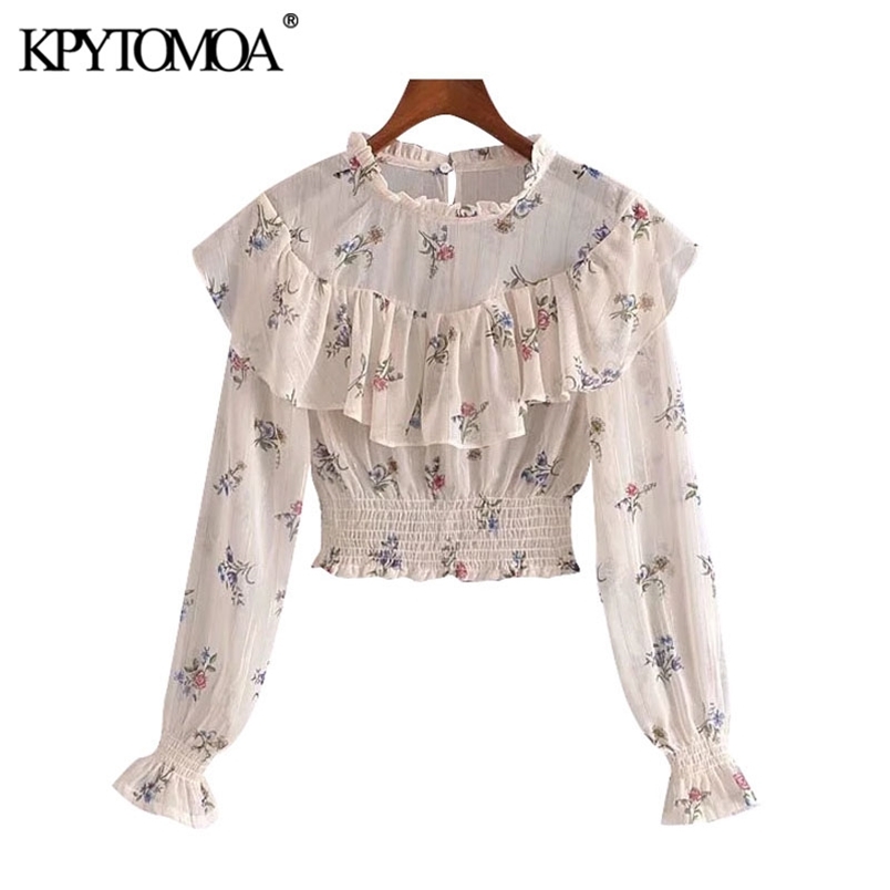 Women Fashion Floral Print Ruffled Cropped Blouses Long Sleeve Smocked Hem Female Shirts Blusas Chic Tops 210420