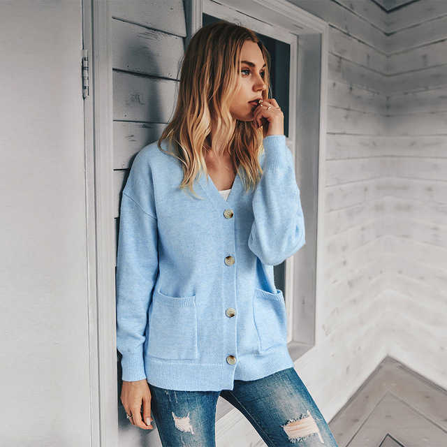 Fashion V-neck Casual Cardigans Autumn Winter Single Breasted Cardigan Women Full Sleeve Pocket Knitted Sweater Tops 210604