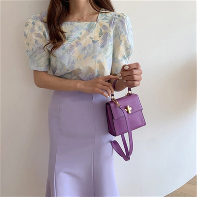 Abstract Printed Square Collar Korean Blouses Tops Women Puff Sleeve Elegant Fashion Shirts Fresh Chic Vintage Ladies Blusa 210514