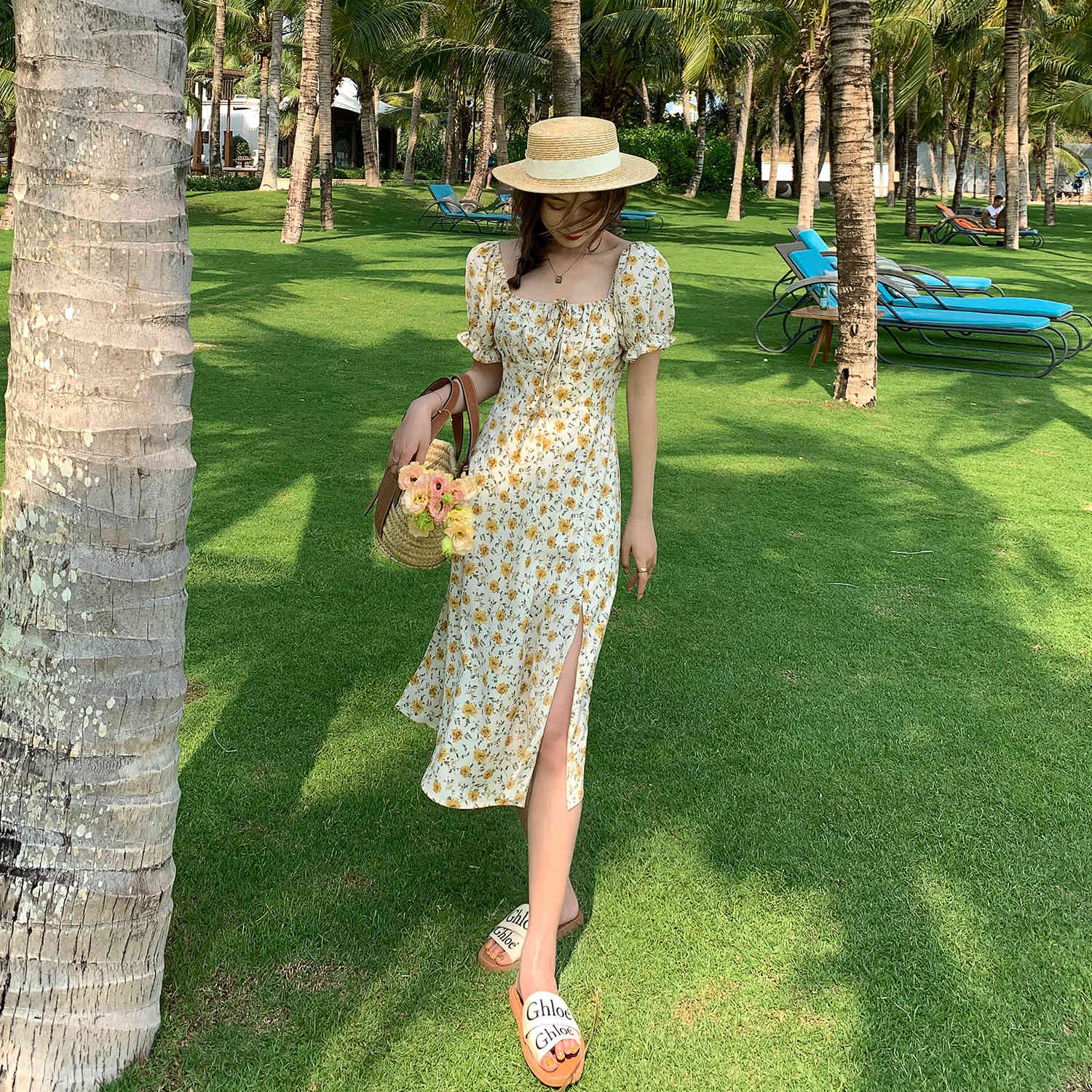 Summer Camisole Dress Women Elegant Sweet Floral V-Neck Fairy Strap Dress Beach Evening Party Kawaii Dress Korean 210521