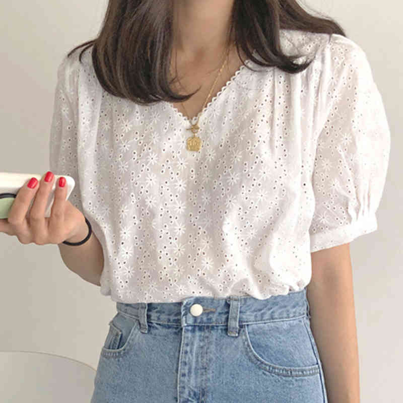 Pullover White Ladies Tops Clothing Summer Short Sleeve Hollow Out Blouse Office Lady V Neck Floral Women Shirt 9595 210415