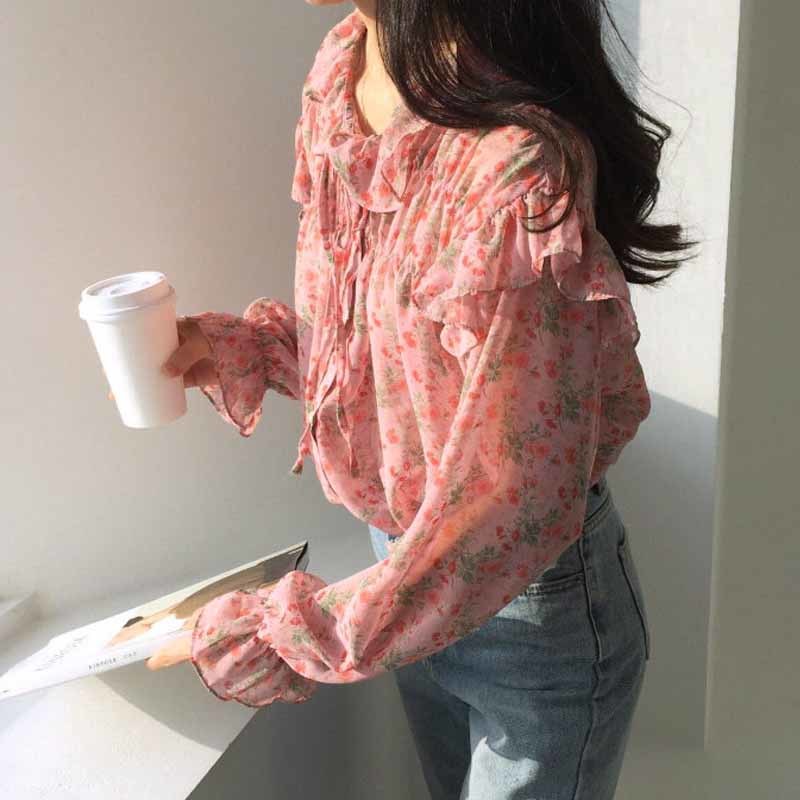 Autumn Printed Wild Chiffon Blouse Korean Clothes Vintage Ruffled Pink Shirts Long Sleeve Woman's Blouses Woman 10336 210518