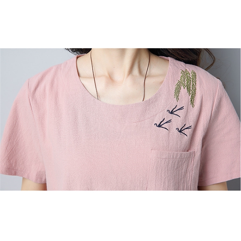 Summer Sweet Solid Cotton Linen Women Shirt Blouse Short Sleeve Tops Blusas Embroidery Female Clothing D834 30 210506
