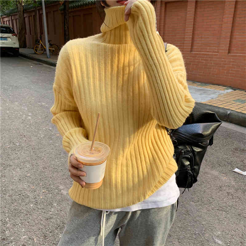 OL Elegant Solid Turtleneck Basic Knitted Sweater Female Bottoming Tops Autumn Winter Warm Pullovers Women Sweaters 210421