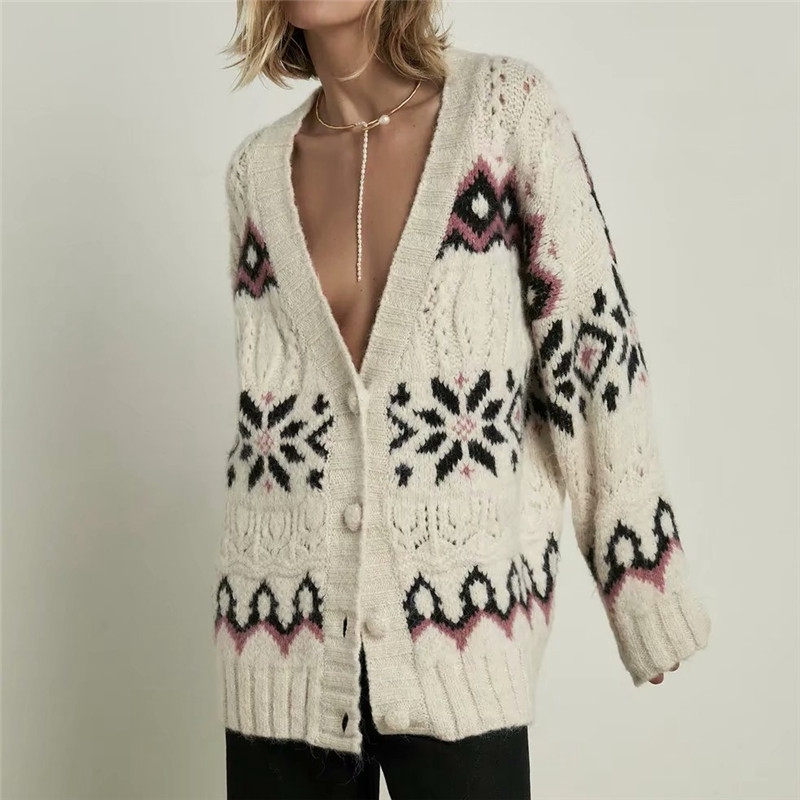 Streetwear Women Geometry Jacquard Sweater Fashion Ladies V-Neck Knitted Tops Causal Female Chic Loose Cardigan 210430