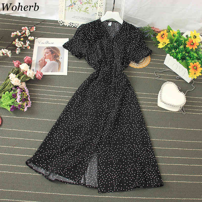 Women Dress Summer Korean Clothes Print Polka Dot Single Breasted Vestidos High Waist V-neck Big Swing Dresses 92523 210519