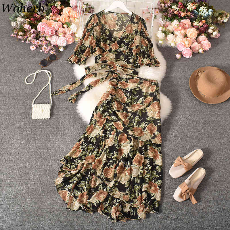 Women Clothing V-Neck Short Sleeve Crop Tops Irregular Ruffles Skirt Korean Fashion Floral Suit Two-piece Summer 210422