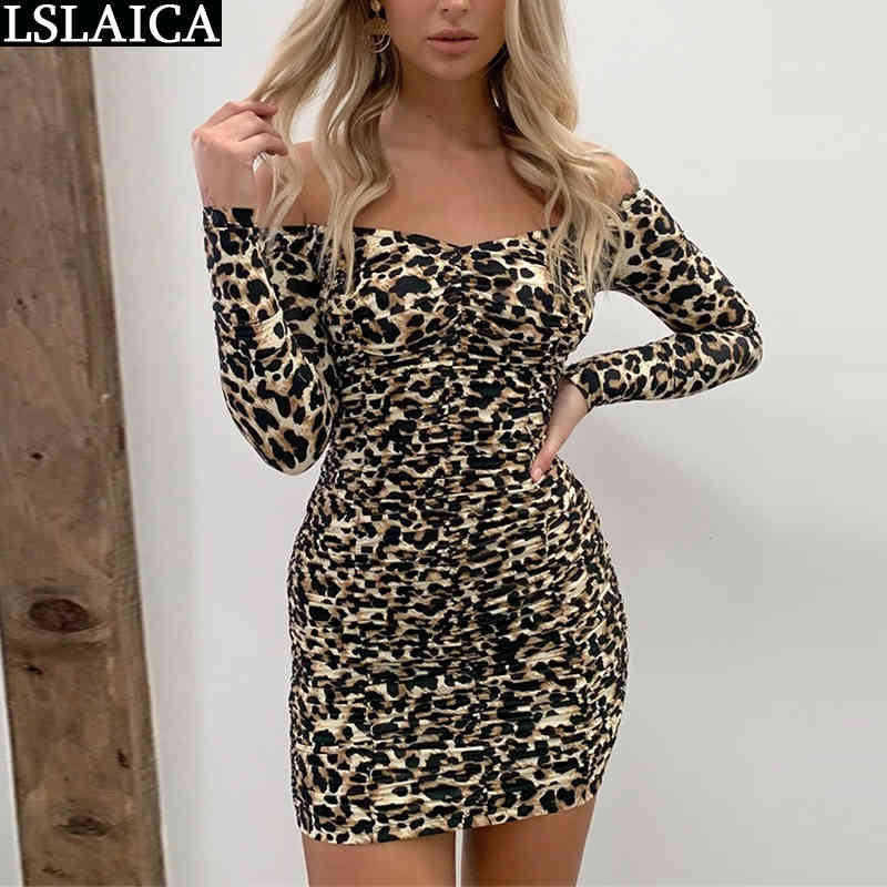 Leopard Dress Women Long Sleeve Slash Neck Off Shoulder Sexy High Waist Party Clubwear Mini Elegance es For 210515