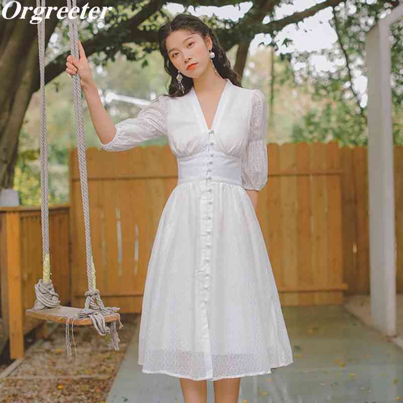 Summer Floral Print Puff sleeve White Dress Women Single-breasted V-neck 3/4 Sleeve Split Sweet Mori Style Long 210525
Summer Floral Print Puff sleeve White Dress Women Single-breasted V-neck 3/4 Sleeve Split Sweet Mori Style Long 210525