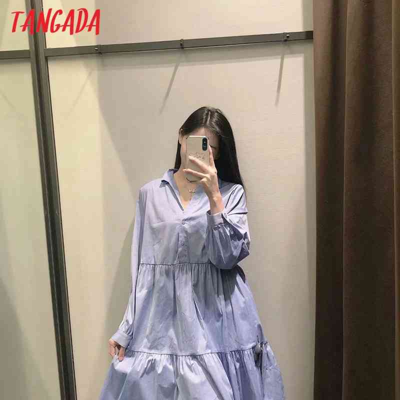 Fashion Women Blue Loose Shirt Long Sleeve High Street Ladies Mini Dress 3H89 210416