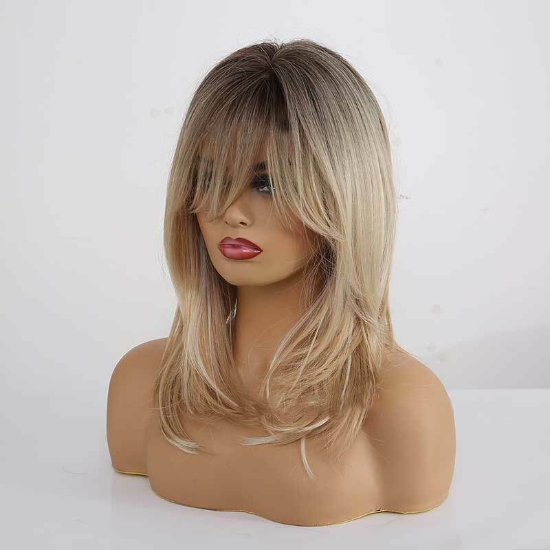 Fashion Shoulder Length Synthetic Wigs Ombre Brown Blonde Wigs with Bangs for Party Use