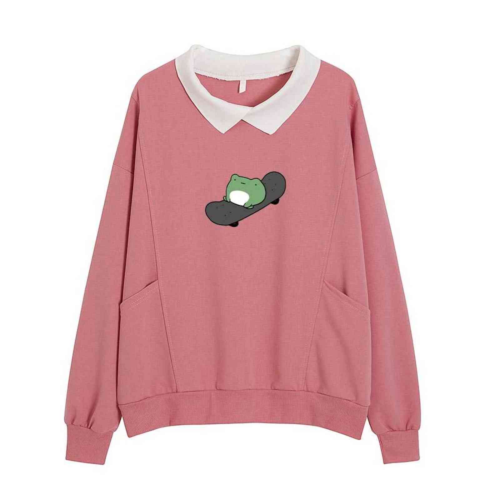 Kawaii Skateboarding Frog Hoodie Oversized Sweatshirt Sweet Turn-down Collar Hoodies for Women Clothes Female Korean Sweatshirts 211109