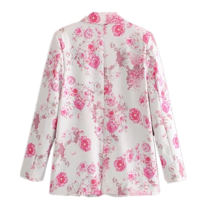 Autumn Pink Flower Print Blazer White Vintage Women Notched Long sleeve one button Loose Suit Back Slit Casual Coat Outwear 210429